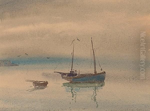 Seascape With Moored Fishing Boat. Oil Painting by Samuel John Lamorna Birch