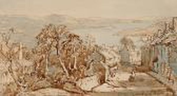 Street Scene With View To A Lake. Oil Painting by Samuel John Lamorna Birch