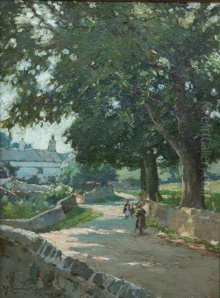 A Sunlit Cornish Lane With Figures. Oil Painting by Samuel John Lamorna Birch