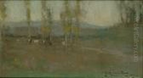 Cows Grazing In A Summer Landscape Oil Painting by Samuel John Lamorna Birch