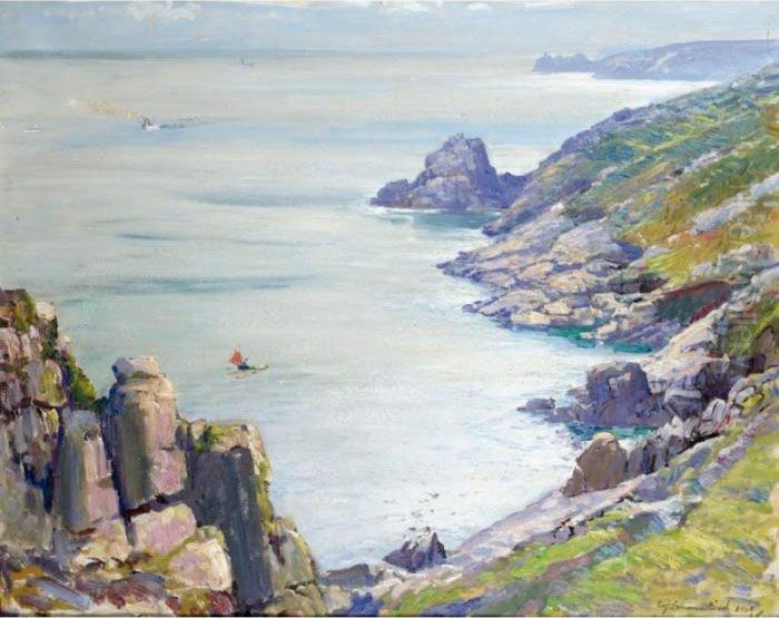 Boat Off Boscawen Point, Cornwall Oil Painting by Samuel John Lamorna Birch