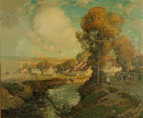 A Bystander And Cattle On A 
Country Path Beside A River With Village In The Distance, Signed Oil Painting by Samuel John Lamorna Birch