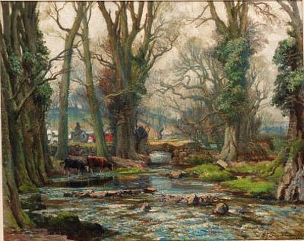 Cattle Drinking From A Stream Oil Painting by Samuel John Lamorna Birch