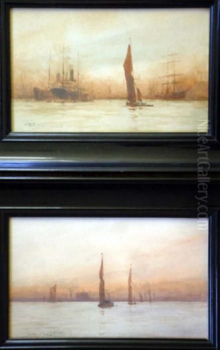 Pair Of Watercolours 'off 
Rotherhithe' & 'out With Wind And Tide, Off Limehouse' Signed And 
Dated 1915 6.5 X 10.75in Oil Painting by William Minshall Birchall