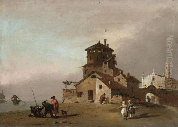 Veduta Di Citta Con Chiesa Ed Edificio Turrito, Con Figure E
Imbarcazioni Fuori Dalle Mura Oil Painting by Giuseppe Bernardino Bison