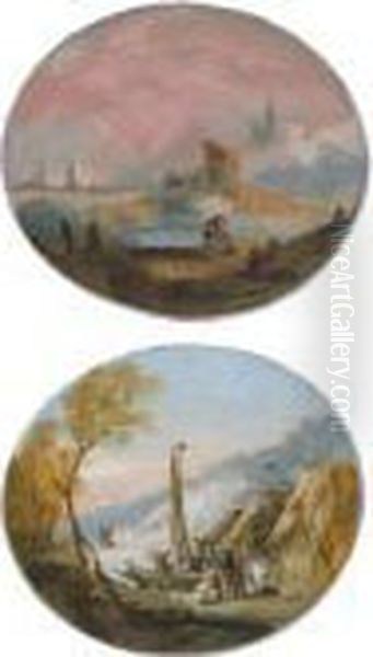 Pair Of Oval Capriccio 
Landscapes With Figures By A Lake, One Witha Bridge And Buildings, The 
Other With Straw Huts Near The Shoreand Both With Boats Oil Painting by Giuseppe Bernardino Bison