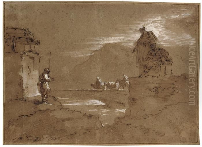 A Moonlit Coastal Landscape With
 Two Men Looking On As Figures Leadanimals Across A Bridge Oil Painting by Giuseppe Bernardino Bison