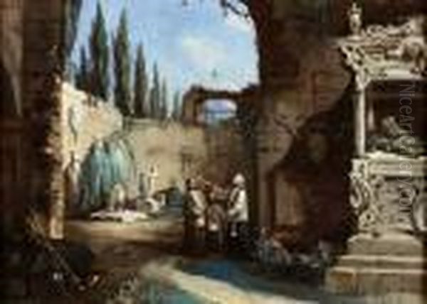 (scuola Di) (giuseppe Gatteri ??
 1799-1878) Benedizione Al Camposanto Tempera Su Carta Cm. 40x55, 
Presenta Piccole Cadute Di Colore. Oil Painting by Giuseppe Bernardino Bison