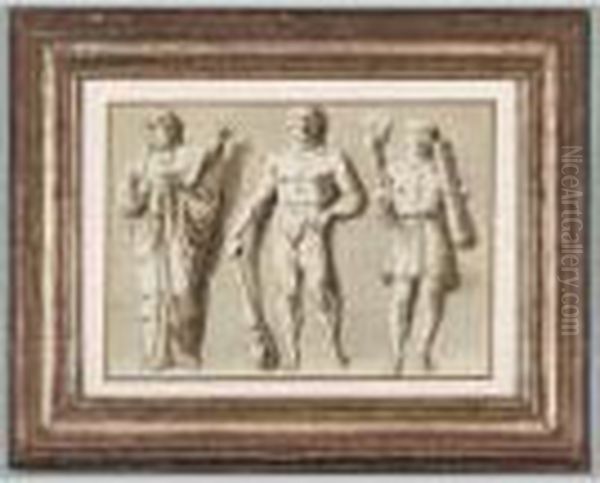 Etudes De Trois Figures Antiques
 [, Study Of Three Antique Figures, Pen And Brown Ink, Brown Wash 
Heightened With White Gouache On Prepared Paper ] Oil Painting by Giuseppe Bernardino Bison