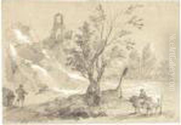 Landscape With A Waterfall, A 
Man Fishing To The Left, A Cowherd And His Animals To The Right Oil Painting by Giuseppe Bernardino Bison