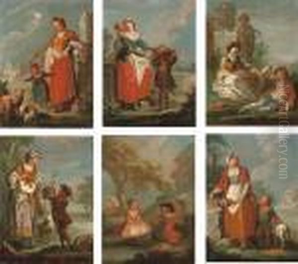 A Shepherdess And A Child In A 
Landscape With Ruins; A Young Girl With Children Collecting Flowers In 
An Extensive Landscape; A Shepherd, Shepherdess And A Boy With A Sheep 
In An Extensive Landscape; A Shepherdess Showing A Boy A Caged Bird In 
An  Oil Painting by Giuseppe Bernardino Bison