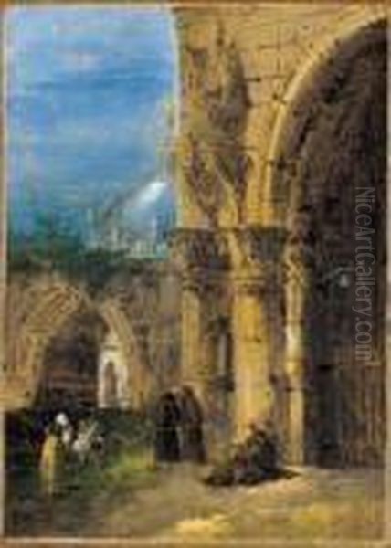 A) Scena Di Porto

B) Frati All'ingresso Di Una

Cattedrale Oil Painting by Giuseppe Bernardino Bison