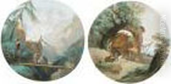 Paesaggio Alpino Con Due 
Viandanti E Un Cane Su Un Ponte; Paesaggio Con Un Borgo Rustico, Armenti
 E Viandanti Oil Painting by Giuseppe Bernardino Bison