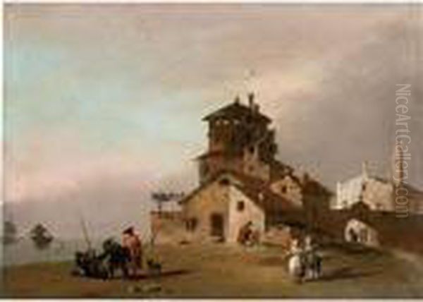 Veduta Di Citta Con Chiesa Ed 
Edificio Turrito, Con Figure E Imbarcazioni Fuori Dalle Mura Oil Painting by Giuseppe Bernardino Bison