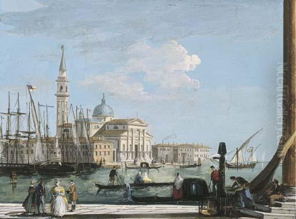 A View Of San Giorgio Maggiore, 
Venice, With A British Shipentering The Bacino Di San Marco Oil Painting by Giuseppe Bernardino Bison