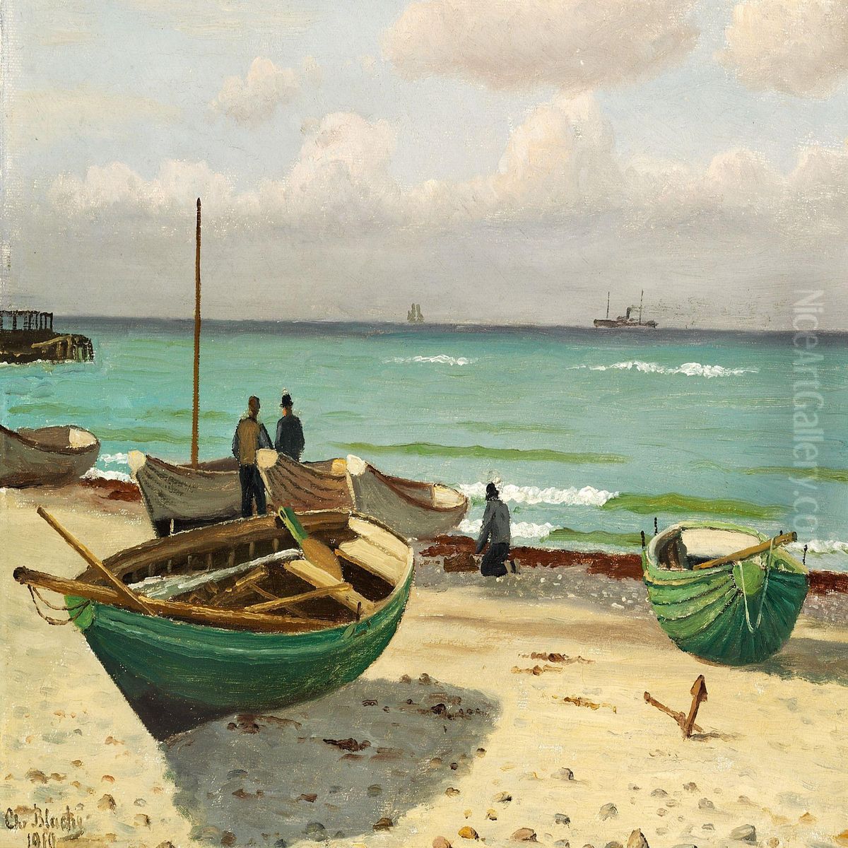 Rowing Boats On The Beach Oil Painting by Christian Vigilius Blache