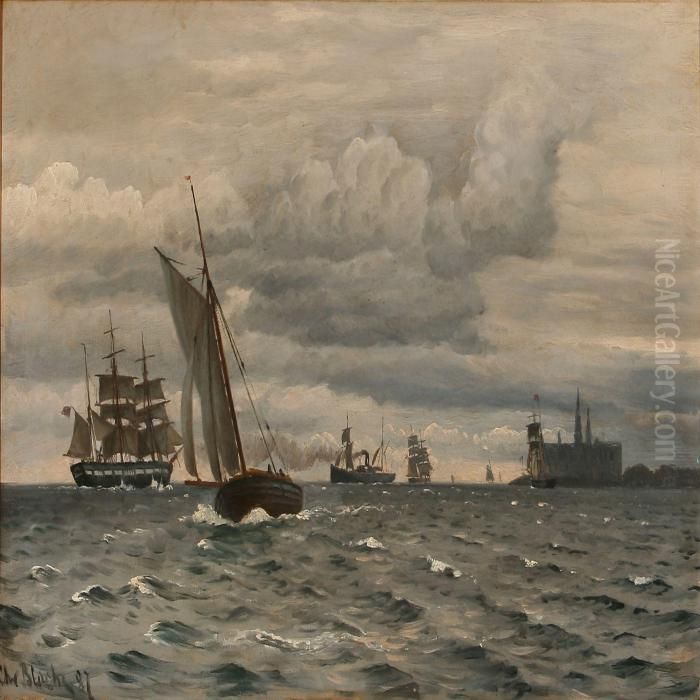 Coastal Scene From Elsinor Castle With Sailing Ships On Thesea Oil Painting by Christian Vigilius Blache