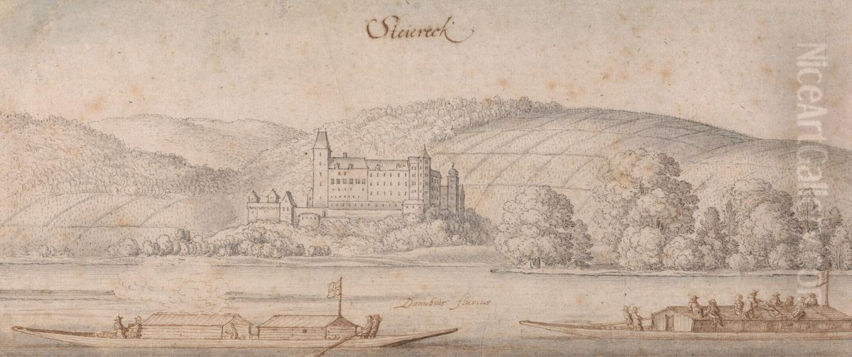 View of Steiereck on the Danube Oil Painting by Wenceslaus Hollar