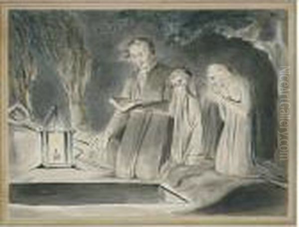A Father And Two Children Beside
 An Open Grave At Night By Lantern Light Oil Painting by William Blake