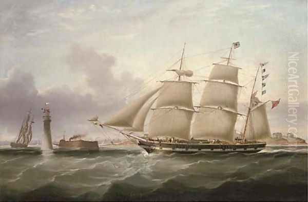 The barque Emilia heading into Liverpool and shown in two positions off the Perch Rock fort and lighthouse Oil Painting by Joseph Heard