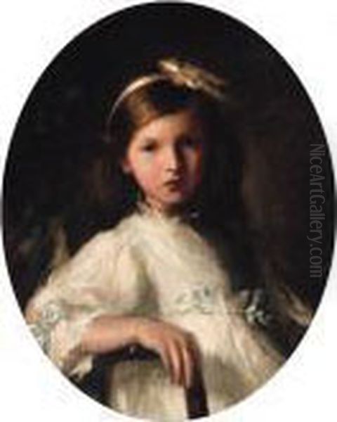 Portrait Of A Young Girl, 
Half-length, Wearing A White Dress Andwearing A Ribbon In Her Hair Oil Painting by Jacques-Emile Blanche