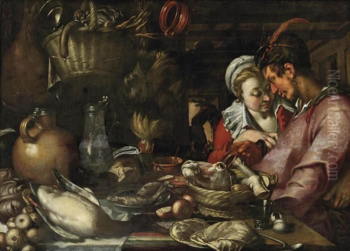 A Kitchen Still Life With A 
Couple Standing Beside A Table With Anelaborate Display Of Meat, Fish, 
Vegetables And Fruit Oil Painting by Abraham Bloemaert