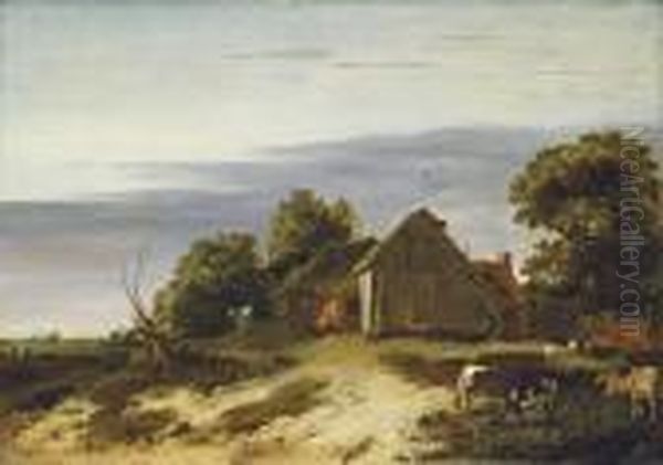 A Pastoral Landscape With 
Figures Milking Cows In A Farmhouse Yard, A Church In The Distance Oil Painting by Abraham Bloemaert