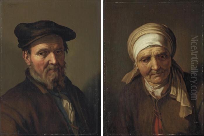 An Elderly Man, Bust-length, In A
 Brown Coat And Hat; And An Elderly Woman, Bust-length, In A Brown Coat 
And Headscarf Oil Painting by Abraham Bloemaert