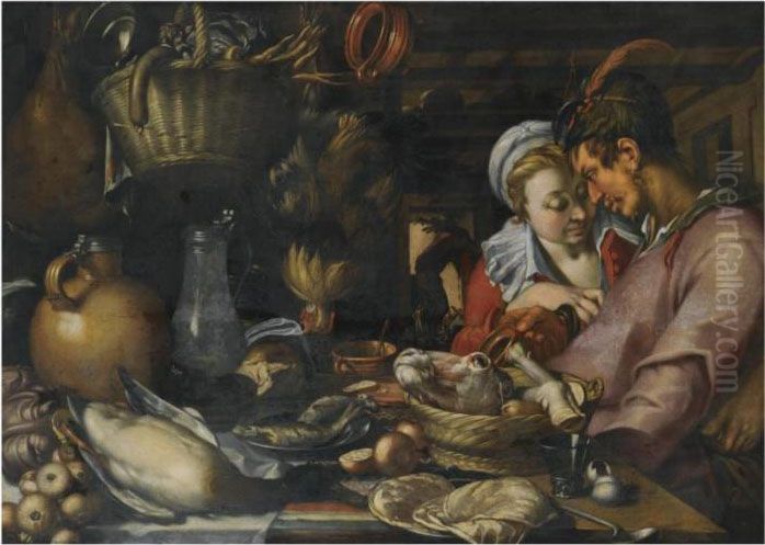An Elaborate Kitchen Still Life 
With A Couple Standing Beside Atable With A Basket With An Ox Head And 
Feet, Fish On A Pewterplate, A Duck, Earthenware And Pewter Jugs, A 
Basket Withvegetables, A Cockerel Hanging From The Ceiling, In The 
Backgroun Oil Painting by Abraham Bloemaert