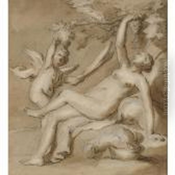 Venus And Cupid Picking Grapes, 
With Incense Burning In An Urn In The Foreground ('venus Friget') Oil Painting by Abraham Bloemaert