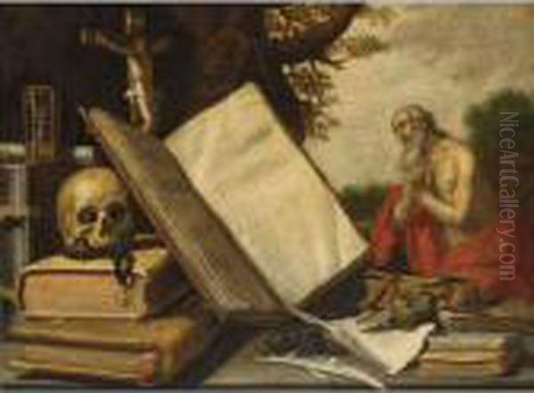 A Vanitas Still Life With 
Different Books, A Skull, A Crucifix And An Hour-glass, St. Jerome In 
The Background Oil Painting by Abraham Bloemaert