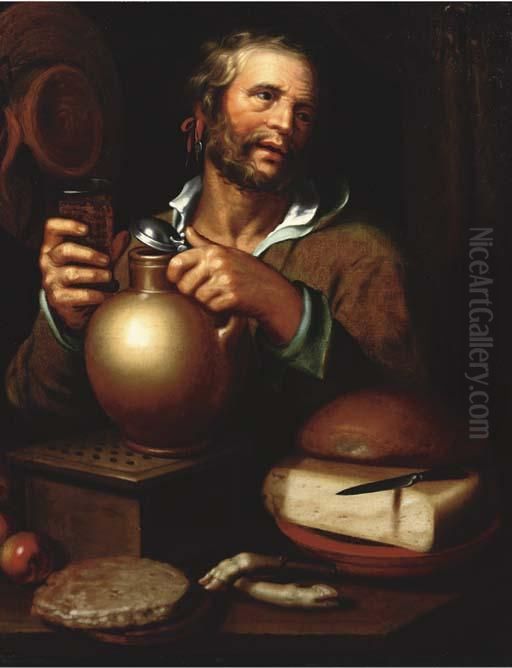 A Man Holding A Jug And A Glass 
Of Beer, Standing Behind A Table With A Stove, A Loaf Of Bread, Cheese, 
Apples, A Pie And Two Pig's Hoofs. Oil Painting by Abraham Bloemaert