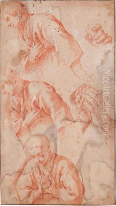 Foglio Di Studi: Figura Di 
Fanciullo Con Le Mani Giunte, Due Studi Di Giovane Con La Mano Destra 
Sul Petto E Due Studi Di Mani Oil Painting by Abraham Bloemaert