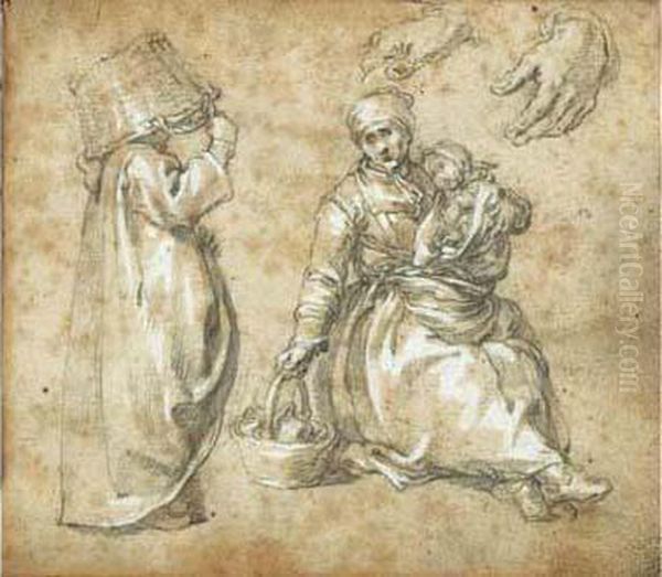 Une Paysanne Portant Un Enfant, 
L'autre Tenant Un Panier Sur Sa Tete ; Etude De Mains (recto) Oil Painting by Abraham Bloemaert