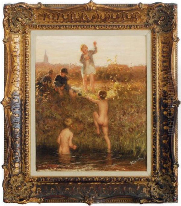 Summertime Swim Oil Painting by Bernardus Johannes Blommers