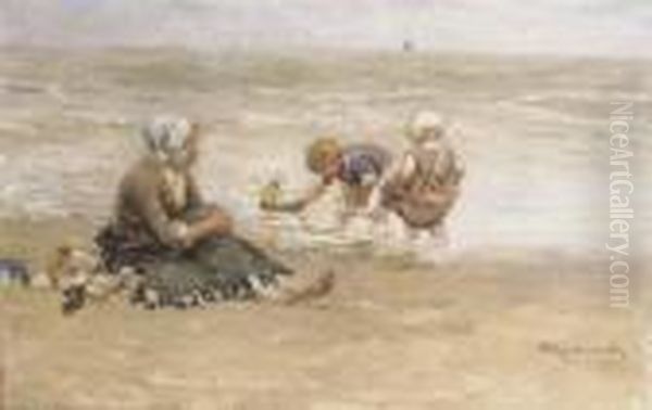 Pootje Baden: Children Playing On The Beach Oil Painting by Bernardus Johannes Blommers