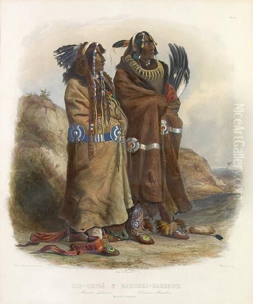 Sih-chida & Mahchsi-karehde,
 Mandan Indians, Pl. 20, From Travels In The Interior Of North America Oil Painting by Karl Bodmer