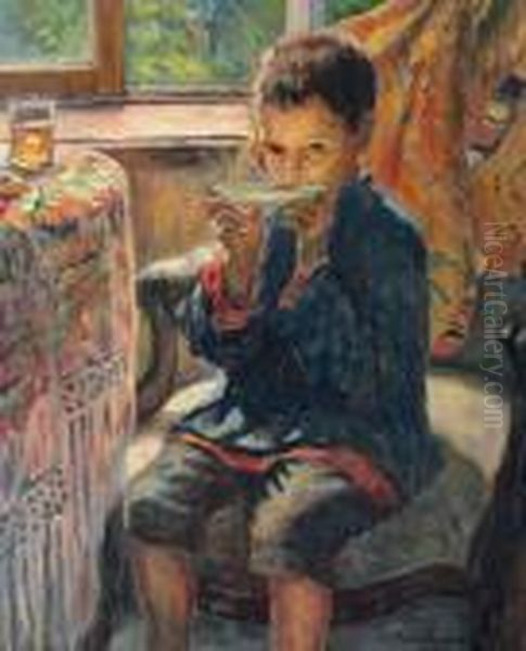 A Young Boy Drinking Tea Oil Painting by Nikolai Petrovich Bogdanov-Belsky