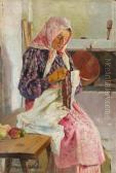 Woman With Headscarf Embroidering. Oil Painting by Nikolai Petrovich Bogdanov-Belsky