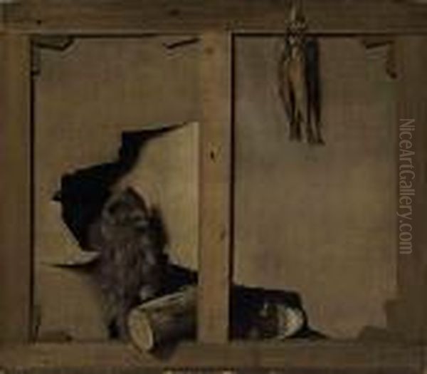 A Trompe-l'oeil With A Cat And A
 Wooden Log Through A Canvas, Fish Hanging From The Stretcher Oil Painting by Louis Leopold Boilly