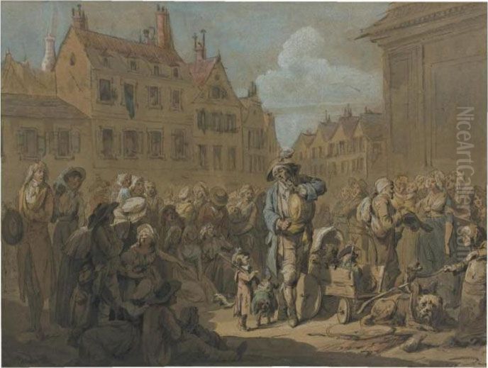 'les Chiens Savants': A 
Performer With Dancing Dogs In A Townsquare Surrounded By Spectators Oil Painting by Louis Leopold Boilly