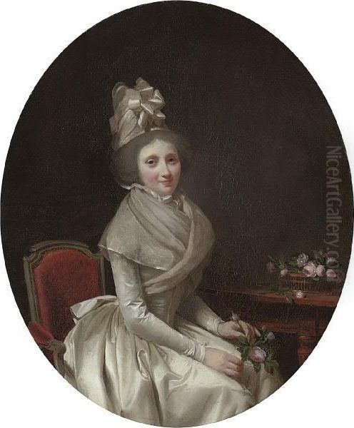 Portrait Of A Lady, 
Three-quarter Length, Seated, In A White Dress, A Pink Rose In Her Left 
Hand Oil Painting by Louis Leopold Boilly