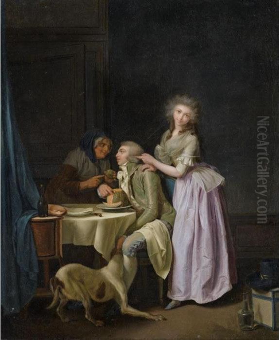 Elegant Interior With A Young 
Man Conversing With An Old Woman Accompanied By A
 Courtesan Oil Painting by Louis Leopold Boilly