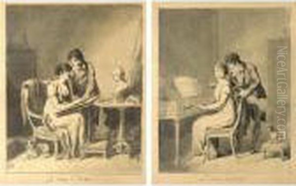 A Pair Of Drawings: A) Recto: La
 Lecon De Dessin; Verso: Perpective Studies; B) Recto: La Lecon De 
Musique, Verso: Architectural Studies Oil Painting by Louis Leopold Boilly