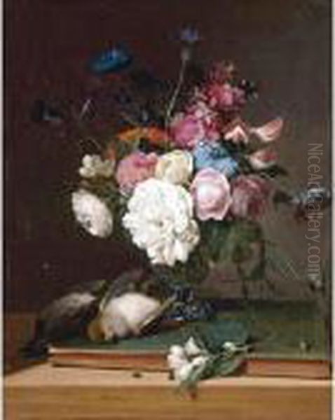 Still Life Of Flowers In A Glass
 Vase, Two Birds, A Branch Of Blossoms And An Insect All On A Table Oil Painting by Louis Leopold Boilly