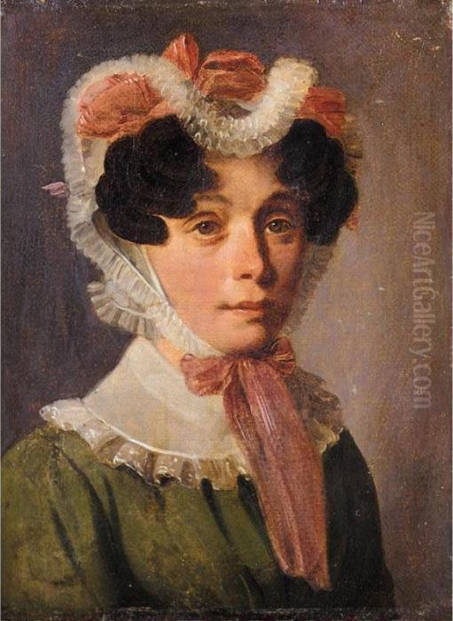 Portrait Of A Lady, Head And 
Shoulders Wearing A Green Dress And Elaborate Head Dress, With Pink 
Ribbons Oil Painting by Louis Leopold Boilly