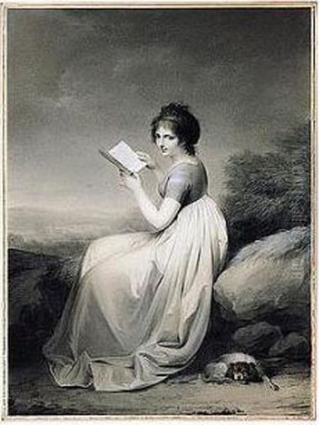 An Elegant Woman Seated In A 
Landscape, Glancing Up From A Book, Her Dog Curled At Her Feet Oil Painting by Louis Leopold Boilly