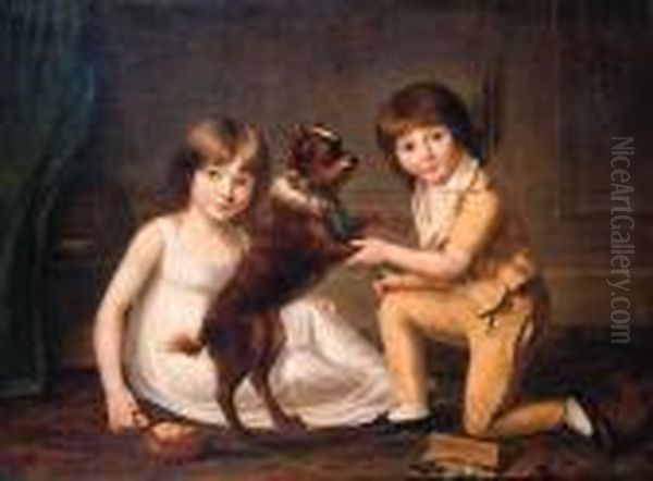Double Portrait Of A Girl And A 
Boy, Full Lengths, Playing With Adog In An Interior, She Wearing A White
 Dress, He Wearing An Ocresuit With Lace Collar Oil Painting by Louis Leopold Boilly