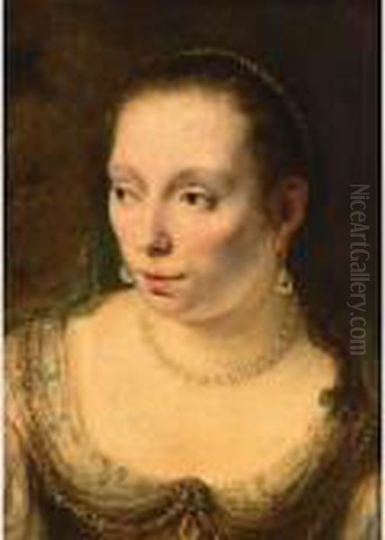 A Portrait Of A Lady, Head And 
Shoulders, Wearing Pearl Jewellery, Probably Johanna De Geer (1627-1691) Oil Painting by Ferdinand Bol