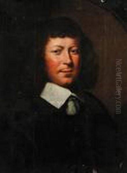 Portrait Of A Gentleman, 
Bust-length, In Black Costume And A Lawncollar, In A Feigned Oval Oil Painting by Ferdinand Bol
